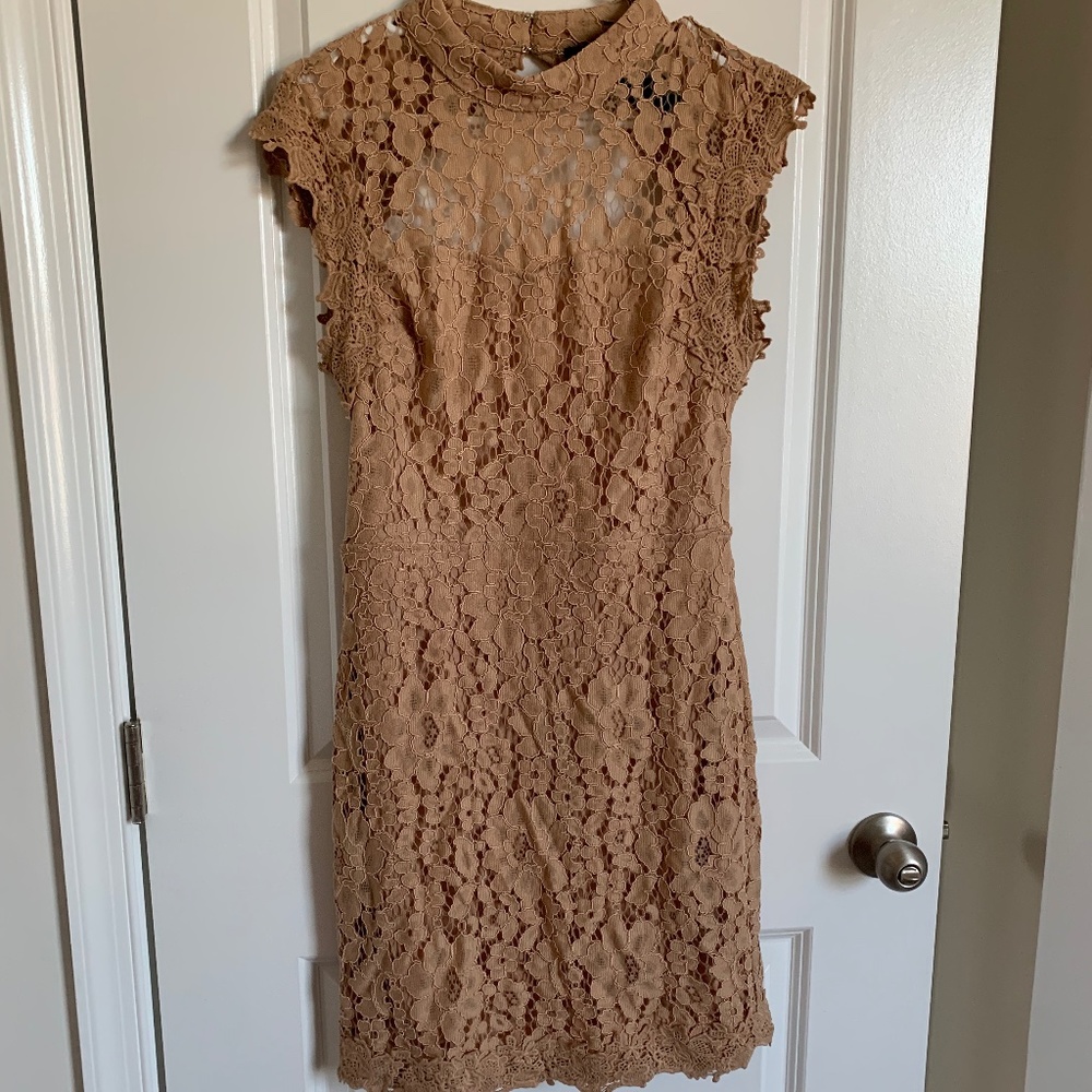 Hot Miami Styles Tan Lace Open Back Dress